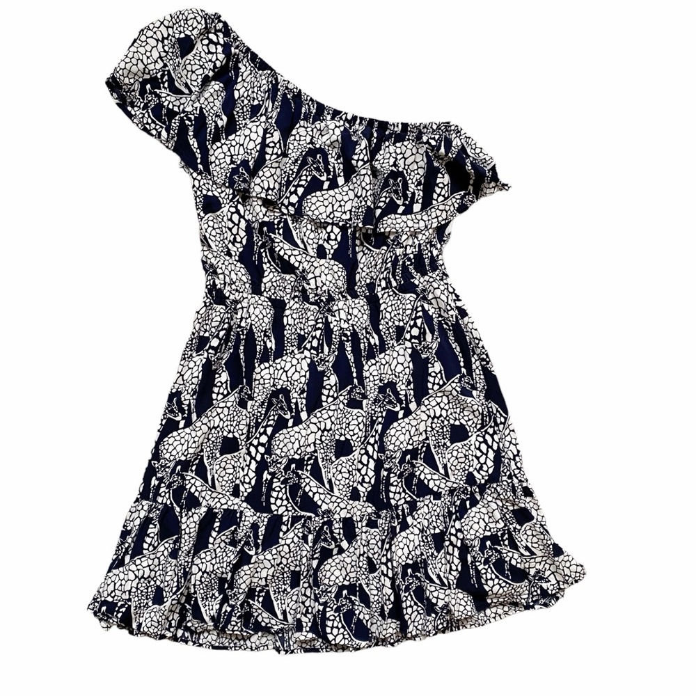 One Shoulder Dress Giraffe Print Navy Blue White Crown & Ivy Lined Size Small